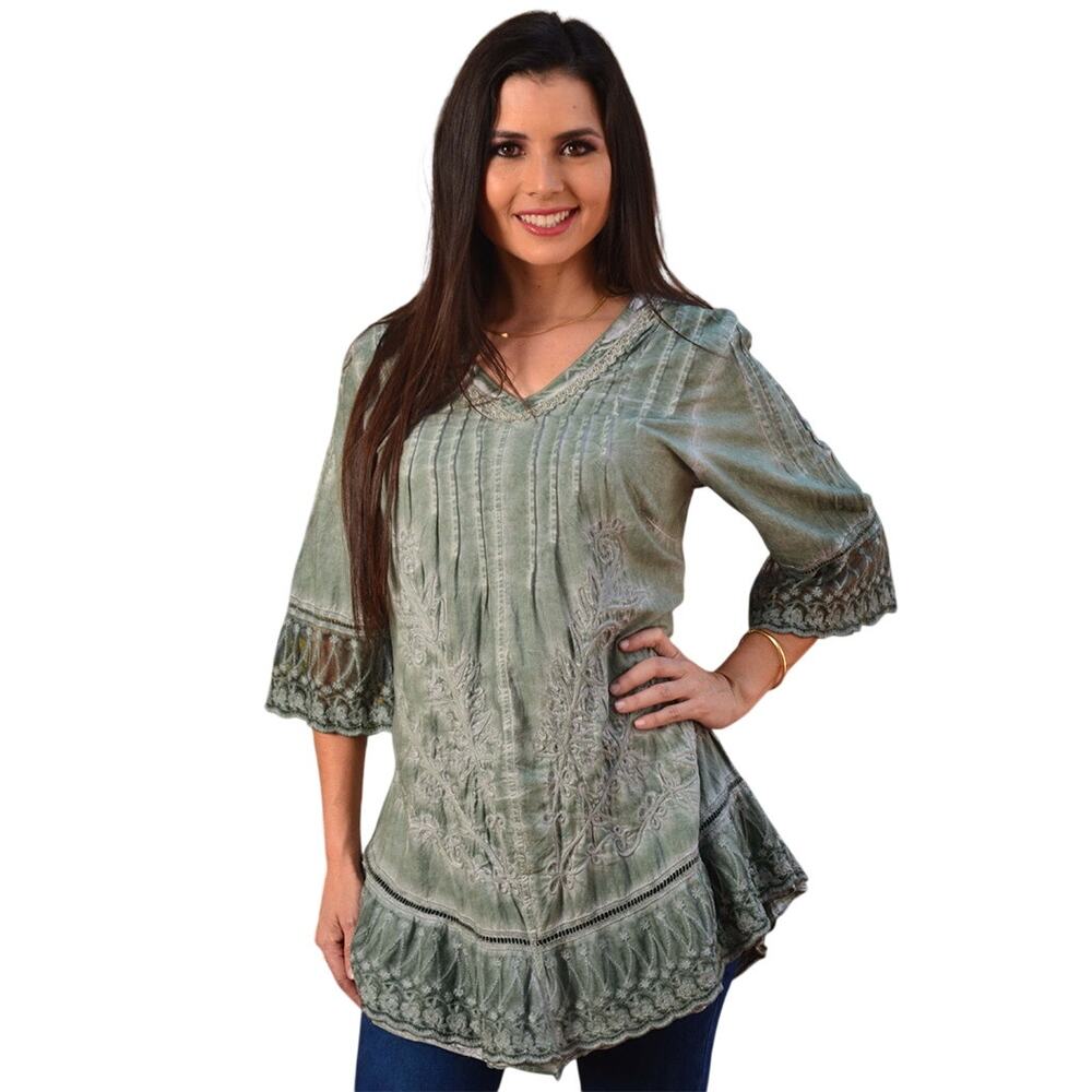 Inca Cottons Boho Embroidered Tunic Top Size 1XL Mint Green